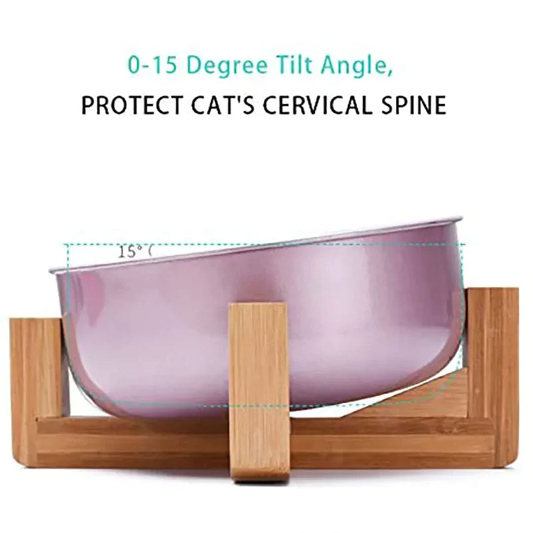 Tilted Stainless Steel Dog Bowls with Bamboo Stand