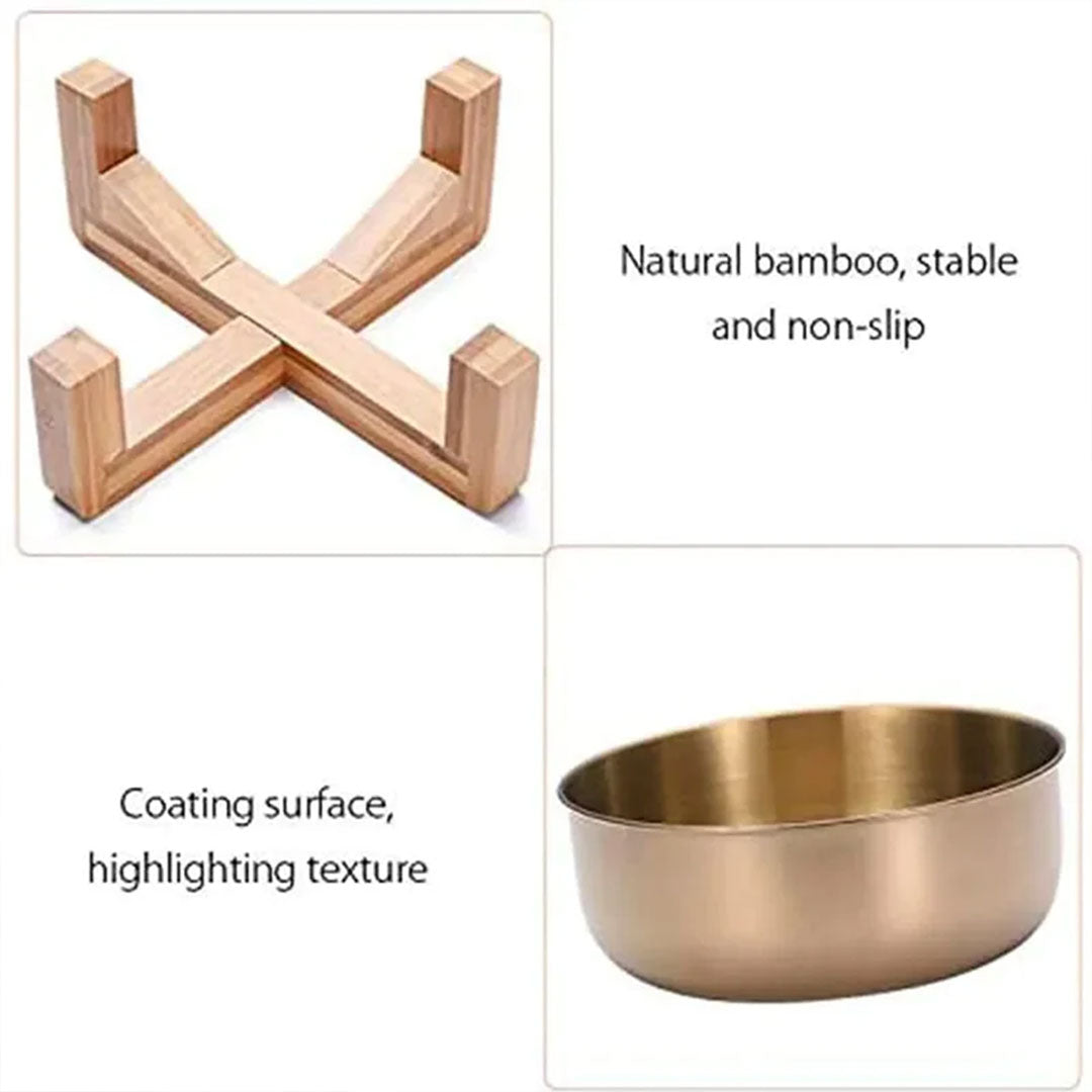 Tilted Stainless Steel Dog Bowls with Bamboo Stand