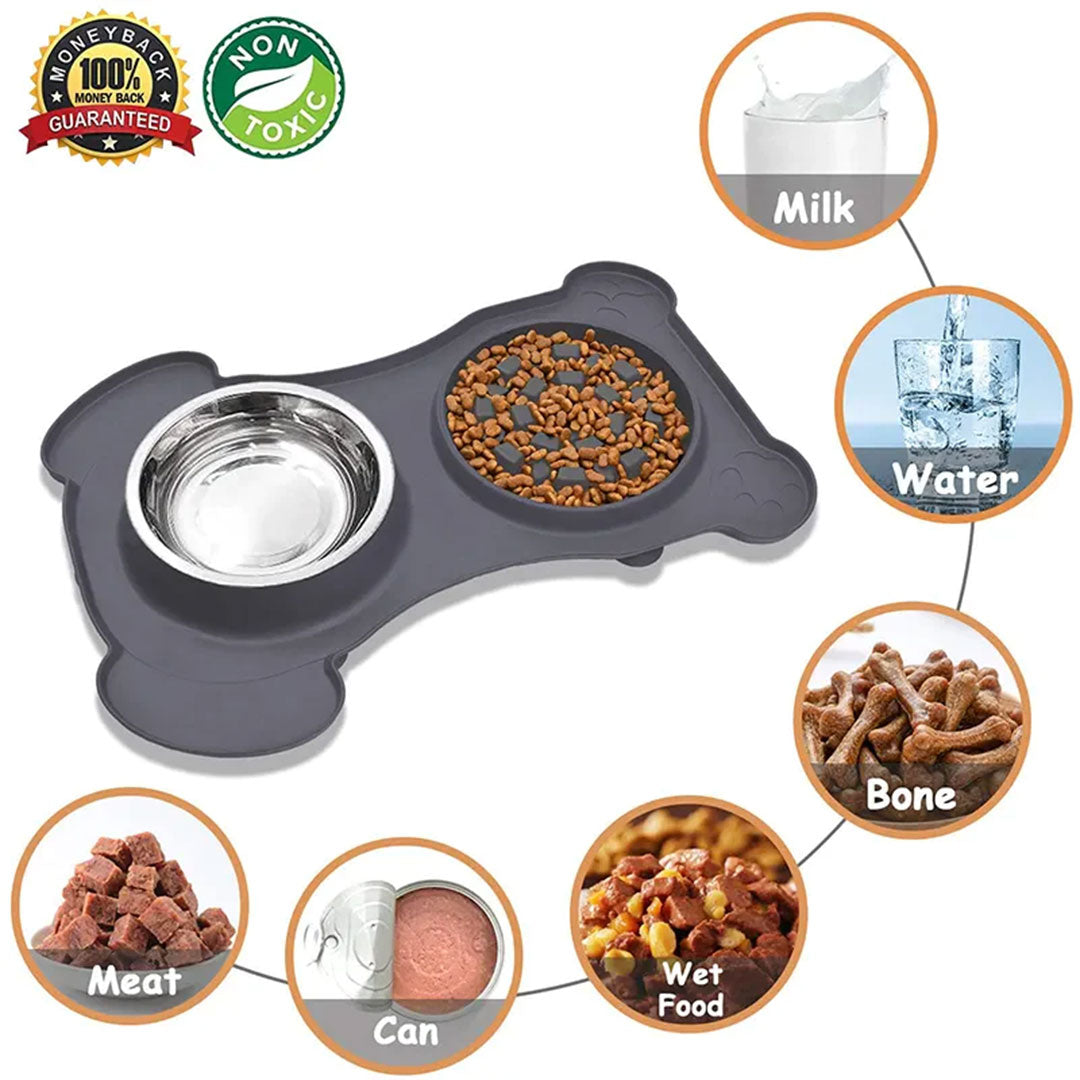 Stainless Steel 2-in-1 Non-Spill Slow Feeder Pet Bowl