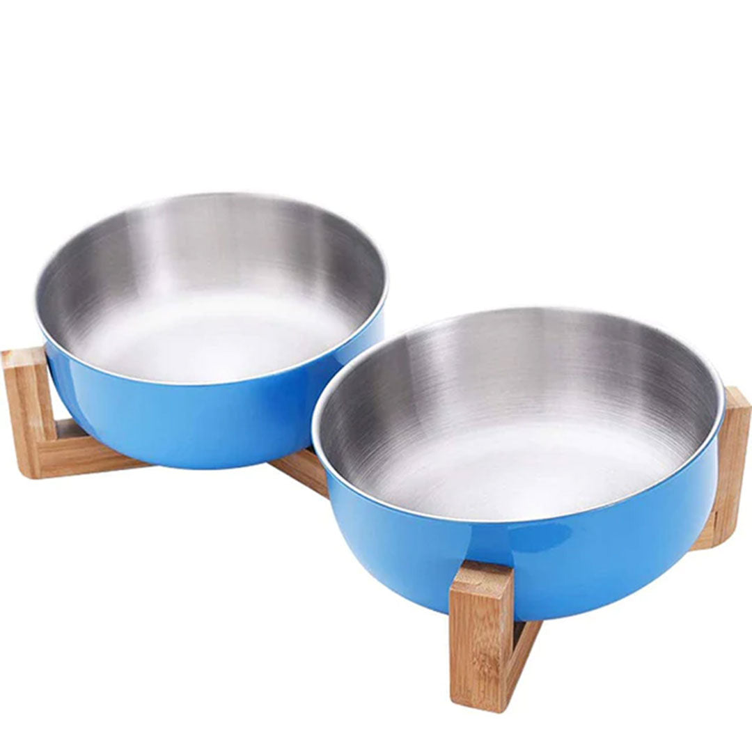 Tilted Stainless Steel Dog Bowls with Bamboo Stand