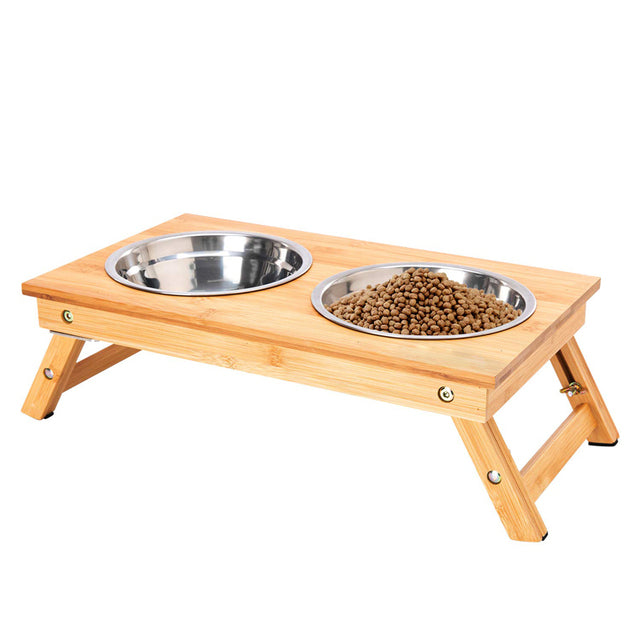 Adjustable Elevated Stainless Steel Double Pet Bowls with Bamboo Stand